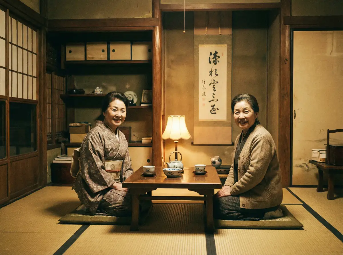 两位优雅的 黄色仓库 在日式茶室中品茶交谈